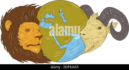 Dessin illustration de style croquis d'un globe cartographique montrant l'europe, le moyen-Orient et l'afrique entre les têtes d'un lion et d'une chèvre sur blanc isolé Banque D'Images