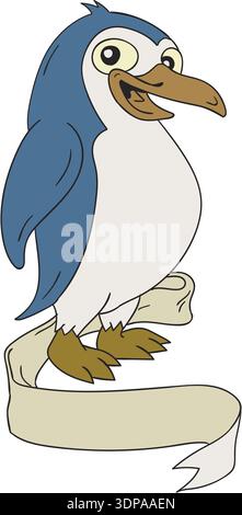 Illustration d'un pingouin un oiseau aquatique, sans vol vu du côté sur fond blanc isolé avec défilement de ruban fait dans le style de dessin animé Banque D'Images