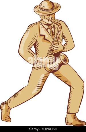 Gravure gravure gravure de style fait à la main illustration d'un musicien de joueur de jazz afro-américain portant chapeau melon jouant du saxophone vu de devant s. Banque D'Images