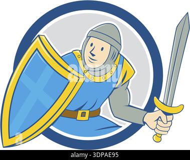 Illustration de chevalier médiéval en pleine armure avec épée et bouclier placé à l'intérieur du cercle sur fond isolé fait dans le style de bande dessinée Banque D'Images