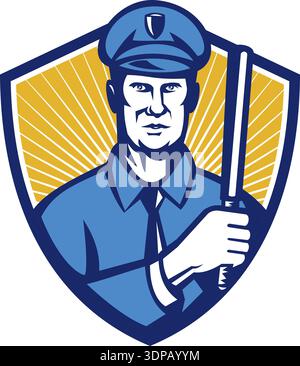 Illustration d'un policier tenant une matraque face avant placée à l'intérieur du bouclier fait dans un style rétro Banque D'Images