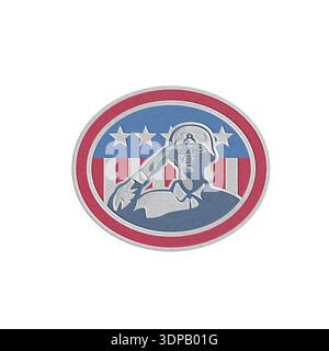 Illustration de style métallique un soldat afro-américaine avec un salut militaire USA stars and stripes flag en arrière-plan défini à l'intérieur fait en ovale Banque D'Images