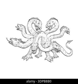 Dessin dessin style illustration de Herensuge un dragon mythique dans la mythologie basque avec sept têtes sous la forme d'un serpent vu de face o Banque D'Images