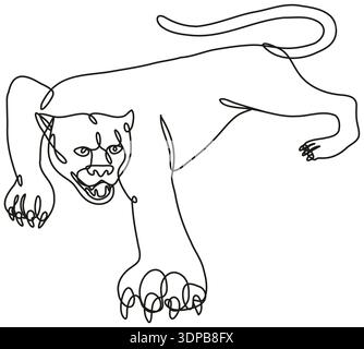 Dessin en ligne continue illustration d'un accroupi de Panther vue de côté fait en ligne simple ou en forme de doodle en noir et blanc sur le backgrou isolé Banque D'Images