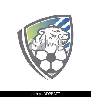 Icône mascotte illustration de la tête d'un tigre ou d'un grand chat avec ballon de football à l'intérieur de bouclier ou de crête vu de l'avant sur fond isolé i Banque D'Images