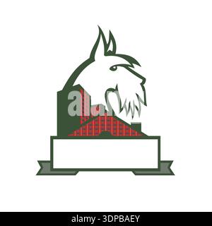 Icône de mascotte de sport illustration de la tête d'un terrier écossais, d'un terrier d'Aberdeen ou d'un chien écossais vu de côté avec un bâtiment à revêtement écossais ou Banque D'Images