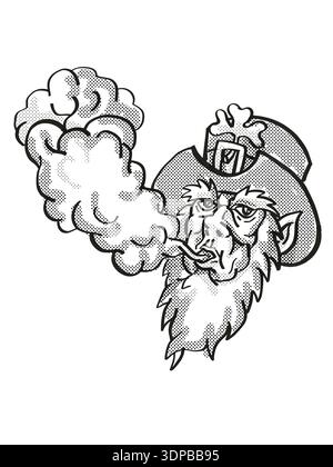 Tatouage dessin de style dessin animé illustration d'un Leprechaun irlandais vapotant fumée soufflante sur fond isolé fait en noir et blanc Banque D'Images