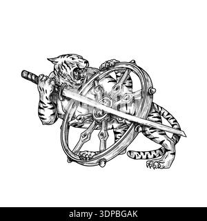 Illustration de style de tatouage d'un Tigre avec Katana Samurai Sword et Dharma Wheel fait dans le dessin de dessin à la main style de tatouage Banque D'Images