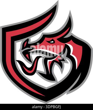 Illustration d'une tête de dragon respirant le feu vu du côté placé à l'intérieur de la crête du bouclier fait dans un style rétro Banque D'Images