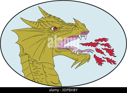 Dessin illustration de style croquis d'une tête de dragon respirant le feu vu du côté à l'intérieur de la forme ovale sur fond isolé Banque D'Images
