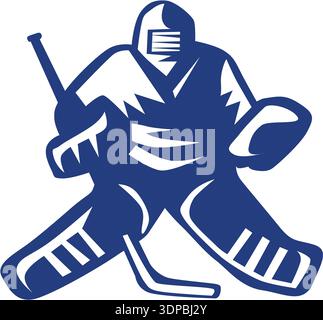 Illustration d'un gardien de but de hockey sur glace portant un casque tenant un bâton de hockey vu de devant sur fond blanc isolé fait dans un style rétro Banque D'Images