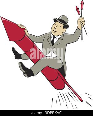 Illustration d'un homme dans un costume portant chapeau meller tenant des feux d'artifice chevauchant des fusées de feux d'artifice sur fond blanc isolé fait dans le style de bande dessinée Banque D'Images