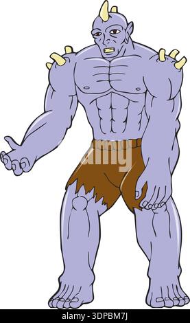 Illustration de style de dessin animé d'un guerrier orc gobelin avec des cornes sur la tête vue de face sur fond isolé Banque D'Images