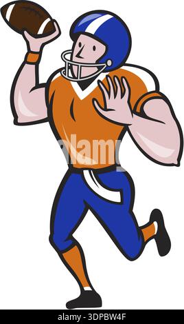 Illustration d'un joueur de quarterback de football américain gridiron lançant une balle face à l'avant sur fond isolé fait dans le style de dessin animé Banque D'Images