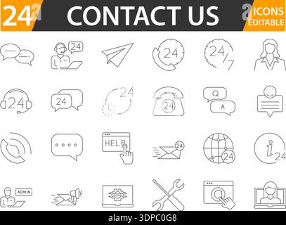 Pack d'icônes de support client – contacts, Centre d'aide et éléments de communication. Symboles téléphone, E-mail, clavardage et service. Illustration de Vecteur