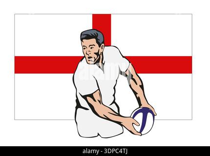 Illustration d'un joueur de rugby anglais passant le ballon avec le drapeau anglais en arrière-plan fait dans un style rétro Banque D'Images