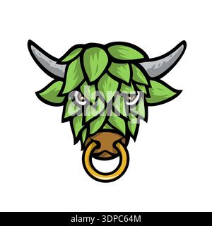 Illustration mascotte de la tête d'un taureau vert court à cornes avec visage de houblon de bière vu de face sur fond isolé dans un style rétro noir et blanc Banque D'Images