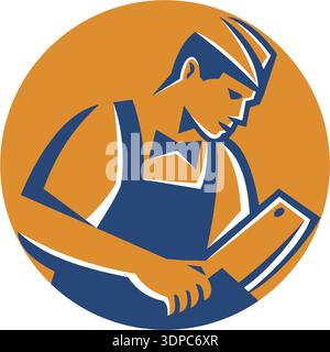 Retro style illustration of a butcher cutter worker with meat cleaver knife facing side set inside circle on isolated background Banque D'Images