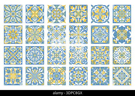 Carreaux céramiques méditerranéens. Motifs bleus avec des ornements géométriques. La conception vectorielle présente des motifs traditionnels d'azulejo portugais pour l'élégance Illustration de Vecteur