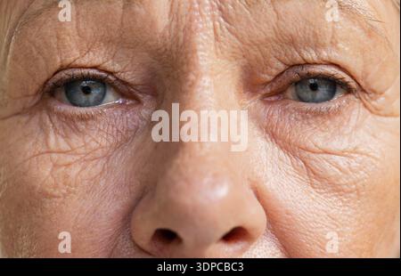 Le visage en gros plan révèle des rides détaillées, des pores, des yeux bleu-gris clair dans un studio à la lumière douce Banque D'Images