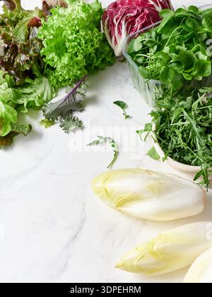 Différents types de laitues sont disposés sur un comptoir en marbre. Radis frais, pois mange-tout et fleurs comestibles sont présents. Cette configuration permet de créer un h. Banque D'Images