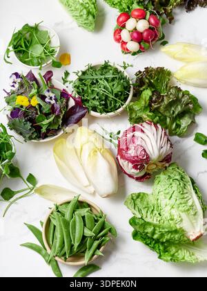 Différents types de laitues et de légumes sont disposés sur un comptoir en marbre dans une cuisine. Les ingrédients comprennent des radis, des pois mange-tout et de la bouffée comestible Banque D'Images