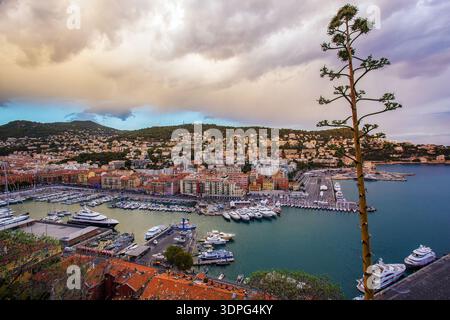 Une vue imprenable sur le coucher du soleil dans la partie du port de Nice Limpia, de nombreux yachts et bateaux, une fleur d'agave Sisalan et un immeuble résidentiel sur le s. Banque D'Images