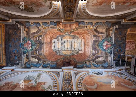 Valletta, Malte - 13 août 2025 : fresques baroques ornées de plafond et boucliers héraldiques à l'intérieur du Palais des grands maîtres, la Valette, Malte, vu vers le haut w Banque D'Images