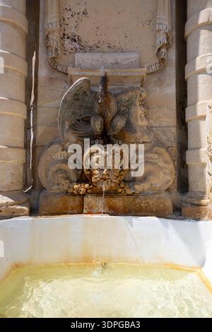 Gros plan de Fontana dellAquila à la Valette, une fontaine baroque en calcaire avec une crête d'aigle et un bec de mascaron sculpté. Banque D'Images