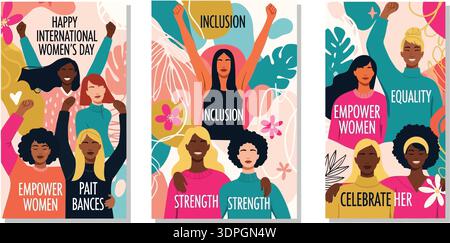 Diverses femmes célébrant la journée internationale des femmes avec un style d'illustration vectorielle plat et des éléments floraux Illustration de Vecteur