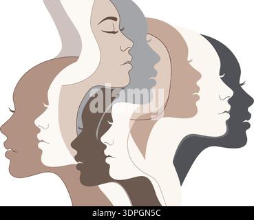 Illustration vectorielle minimaliste de divers profils féminins se chevauchant dans une composition en couches avec des tons de terre muets Illustration de Vecteur