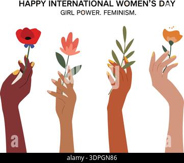 Illustration vectorielle plate minimaliste de diverses mains féminines tenant des fleurs avec des accents de vernis à ongles jaunes Illustration de Vecteur