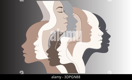 Divers profils de femmes se chevauchant dans un style vectoriel minimaliste avec des tons de terre neutres sur fond gris Illustration de Vecteur