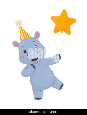 Un bébé hippopotame portant un chapeau de fête et tenant un ballon en forme d'étoile. Illustration vectorielle dans des couleurs pastel avec des ombres douces. Clipart animal pour Illustration de Vecteur