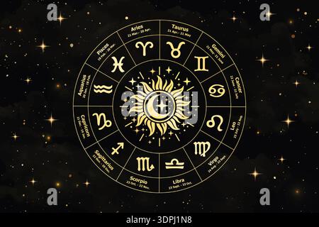 Vecteur roue du zodiaque dorée avec symboles astrologiques et soleil radieux sur fond sombre. Design céleste élégant inspiré par l'astrologie, l'horoscope Illustration de Vecteur