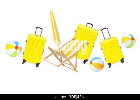 Ensemble de valises, parasol rayé, chaise de plage et balles de plage isolé sur fond blanc. Concept de plaisir de vacances d'été. Banque D'Images