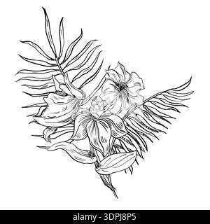 Un bouquet de feuilles de palmier et de fleurs tropicales. Illustration vectorielle dans un style végétal réaliste pour le design d'intérieur, le papier peint, les affiches, les vêtements, et Illustration de Vecteur