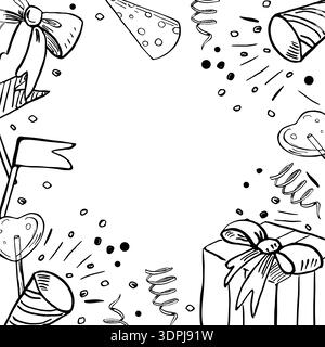 Un cadre carré avec des noeuds, des drapeaux, une boîte cadeau et des poppers de fête. Illustration vectorielle de style croquis pour la conception de livres, livres de coloriage, intérieurs d'enfants Illustration de Vecteur