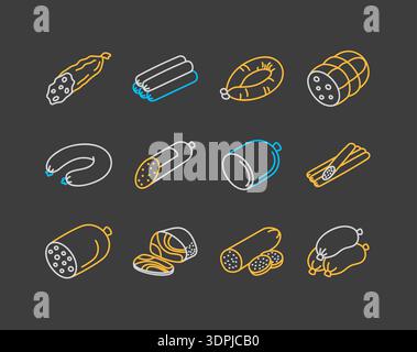 Collection de 12 lignes plates minimalistes sur des icônes de fond sombre représentant divers produits de viande transformés, y compris la saucisse, le salami et la cure Illustration de Vecteur