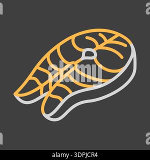 Vecteur plat minimaliste sur l'icône de fond sombre d'un steak de poisson frais (par exemple, saumon ou thon), idéal pour la cuisine de fruits de mer ou la conception de restaurant. Illustration de Vecteur