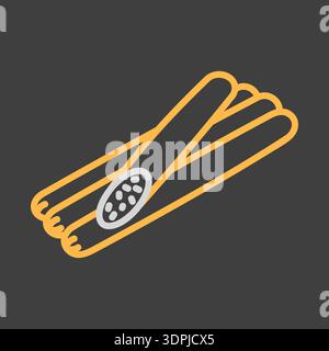 Vecteur plat minimaliste sur l'icône de fond sombre d'un paquet de saucisses de chasse minces et séchées, idéal pour les conceptions de camping ou de cuisine en plein air. Illustration de Vecteur