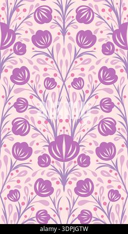 Motif floral d'art folklorique sans couture avec des fleurs et des feuilles stylisées dans des tons violets et roses. Texture vectorielle décorative plate avec des formes géométriques Illustration de Vecteur