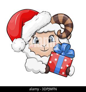 Un joli dessin animé RAM blanc avec chapeau de Père Noël et cadeau de Noël. Illustration vectorielle d'animaux du nouvel an sur un fond blanc. Illustration de Vecteur