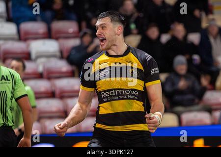 12-02-2026, York Community Stadium , York York York Knights vs Hull KR Sam Wood de York Knights célèbre son essai Banque D'Images