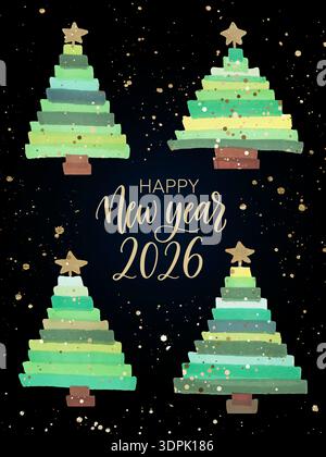 Aquarelle arbres de Noël et éclaboussures d'or sur fond noir avec salutation du nouvel an 2026. Parfait pour les cartes de fête, les invitations et la saison Illustration de Vecteur