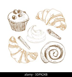 Pain à la cannelle et bâton de cannelle. Illustration vectorielle dessinée à la main. Croquis d'une pâtisserie sucrée. Illustration de Vecteur