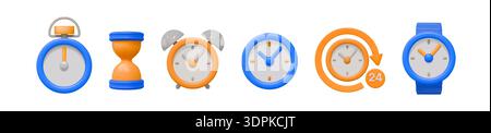 Horloge 3D. Compte à rebours. Montre de sable. Sablier ou chronomètre. Minuterie en plastique couleur. Montre-bracelet numérique mignonne. rappel de 24 heures. Comptage des minutes. Cadran de sablier et d'horlogerie. Jeu d'icônes de rendu vectoriel Illustration de Vecteur