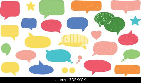 Bulles de discours colorées dessinées à la main et éléments décoratifs dans un style dessin animé ludique avec ballons de texte, nuages de pensée, étoiles et cœurs. Illustration de Vecteur