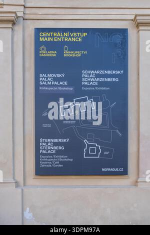 Prague, Tchéquie - 20 janvier 2025 : carte à l'entrée principale de la Galerie nationale de Prague avec indication du Palais Sternberg, Palais Schwarzenberg Banque D'Images