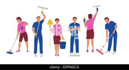 Équipe de nettoyage professionnelle. Hommes et femmes dans diverses poses et avec divers outils de nettoyage. Entreprise de nettoyage professionnel. Illustration de Vecteur